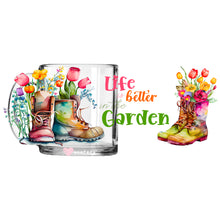 Load image into Gallery viewer, a watercolor painting of a pair of boots and flowers
