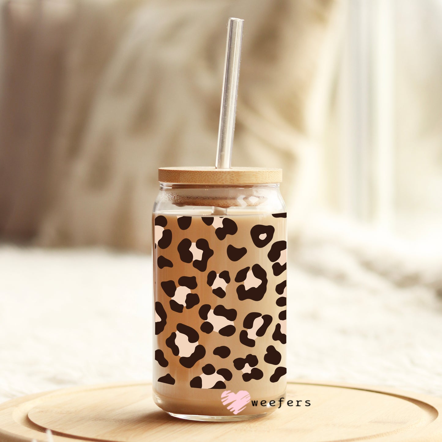 Beige Black Leopard Print 16oz Libbey Glass Can UV DTF or Sublimation Wrap - Decal - Weefers