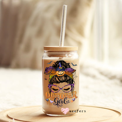 Messy Bun October Girl Birthday Month 16oz Libbey Glass Can UV DTF or Sublimation Wrap - Decal - Weefers