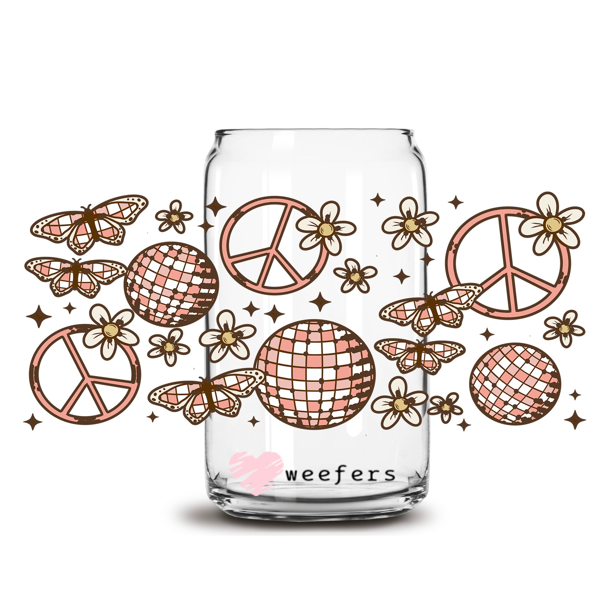 Disco Ball Peace Signs 16oz Libbey Glass Can UV DTF or Sublimation Cup Wrap - Decal Transfer - Weefers