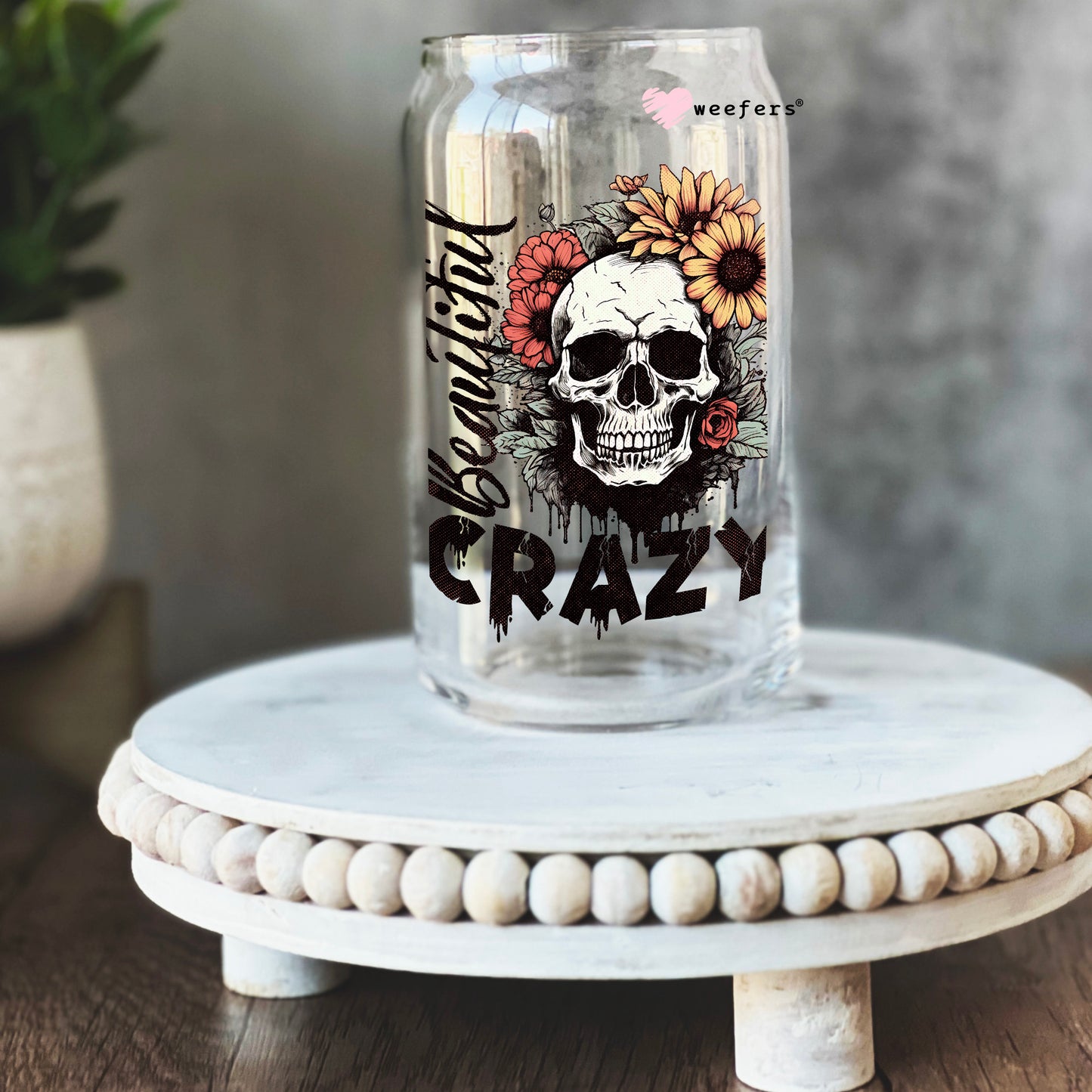 Beautiful Crazy Skull Sunflower 16oz Libbey Glass Can UV DTF or Sublimation Wrap - Decal - Weefers