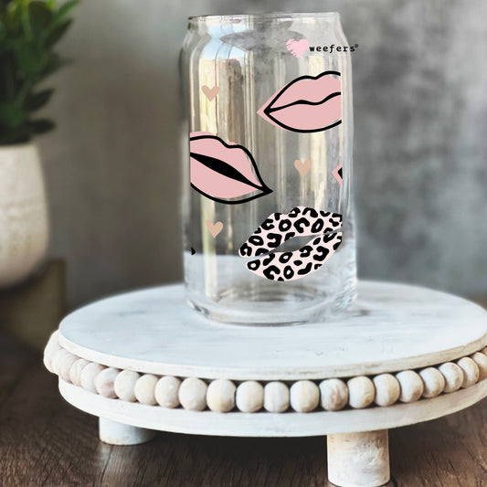 Leopard and Light Mauve Lips 16oz Libbey Glass Can UV DTF or Sublimation Wrap - Decal - Weefers