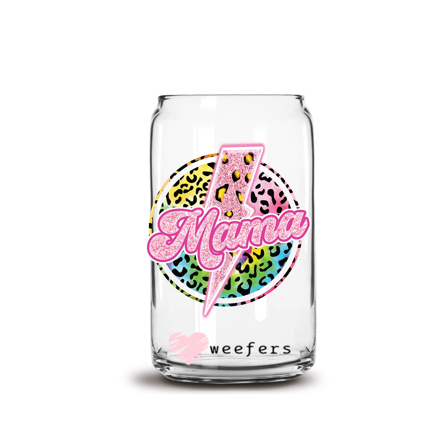 Pink Mama Cheetah Lightening Bolt 16oz Libbey Glass Can UV DTF or Sublimation Cup Wrap - Decal Transfer - Weefers