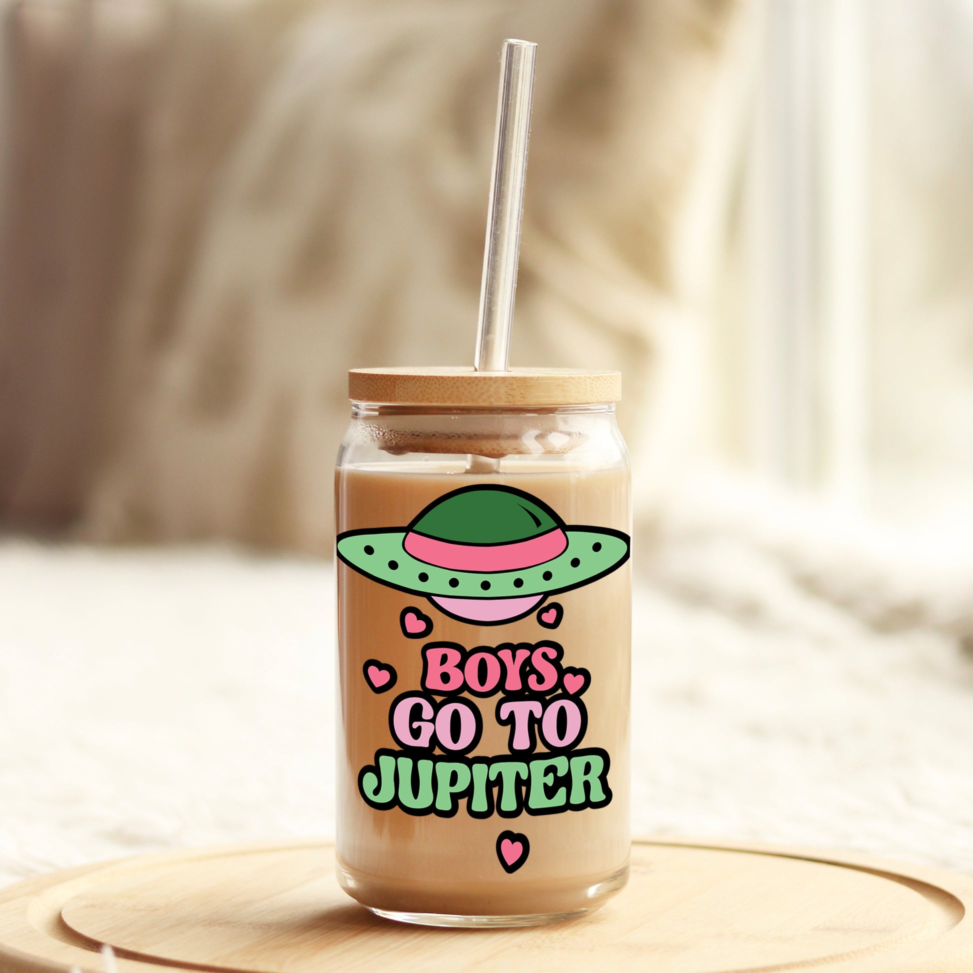 Boy's Go to Jupiter Valentine's Day 16oz Libbey Glass Can UV DTF or Sublimation Cup Wrap - Decal Transfer - Weefers