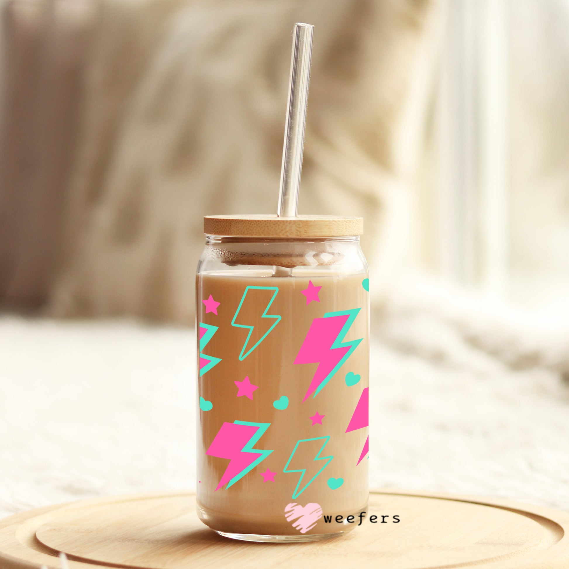 Hot Pink and Teal Lightening Bolt 16oz Libbey Glass Can UV DTF or Sublimation Wrap - Decal - Weefers