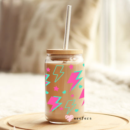 Hot Pink and Teal Lightening Bolt 16oz Libbey Glass Can UV DTF or Sublimation Wrap - Decal - Weefers