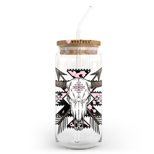 Cow Skull Aztec Pink and Black 20oz Libbey Glass Can UV DTF or Sublimation Wrap - Decal Transfer Weefers