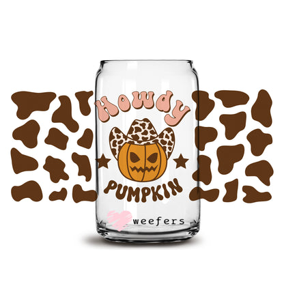 Howdy Pumpkins Brown Cowprint 16oz Libbey Glass Can UV DTF or Sublimation Wrap - Decal - Weefers