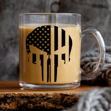 Load image into Gallery viewer, a glass mug with a skull and american flag on it

