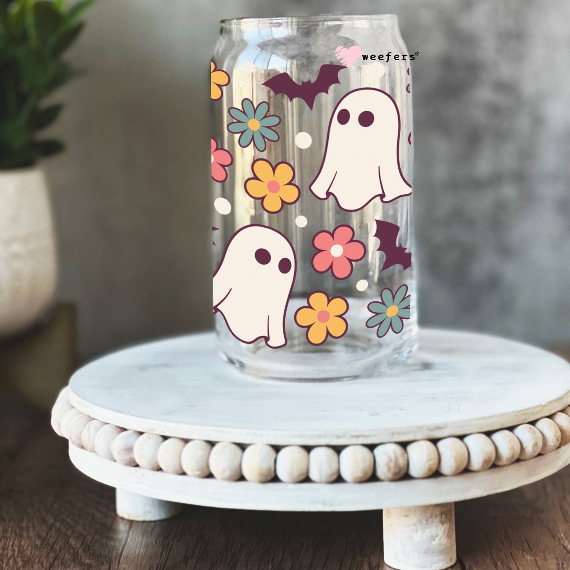 Retro Floral Ghost 16oz Libbey Glass Can UV DTF or Sublimation Wrap - Decal - Weefers