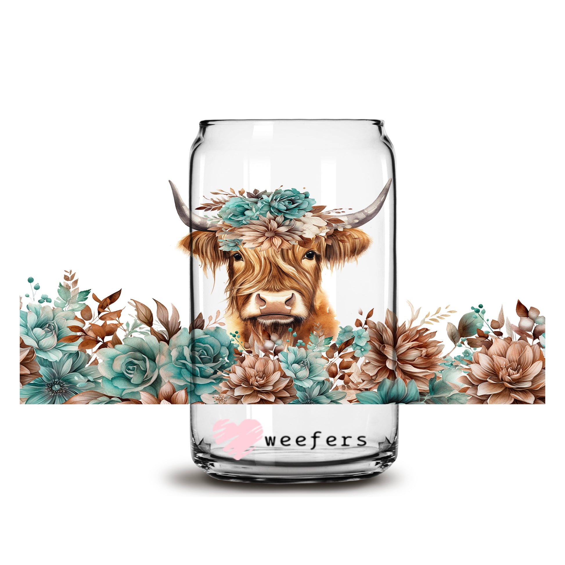 Teal Floral Highlander Cow 16oz Libbey Glass Can UV DTF or Sublimation Wrap Transfer - Weefers