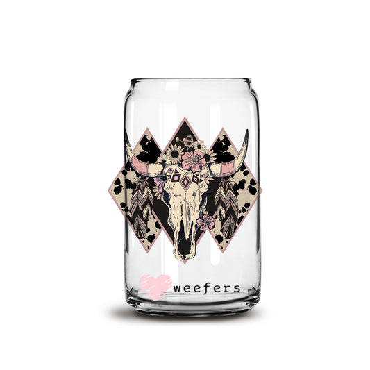 Cow Skull Pink 16oz Libbey Glass Can UV DTF or Sublimation Cup Wrap - Decal Transfer - Weefers