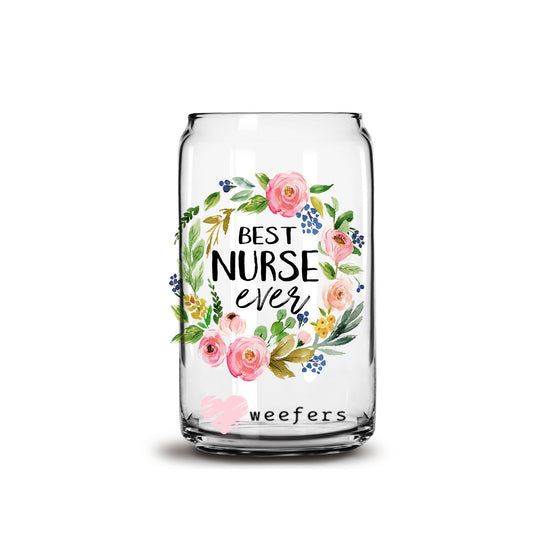 Best Nurse Ever Pink Wreath 16oz Libbey Glass Can UV DTF or Sublimation Cup Wrap - Decal Transfer Weefers