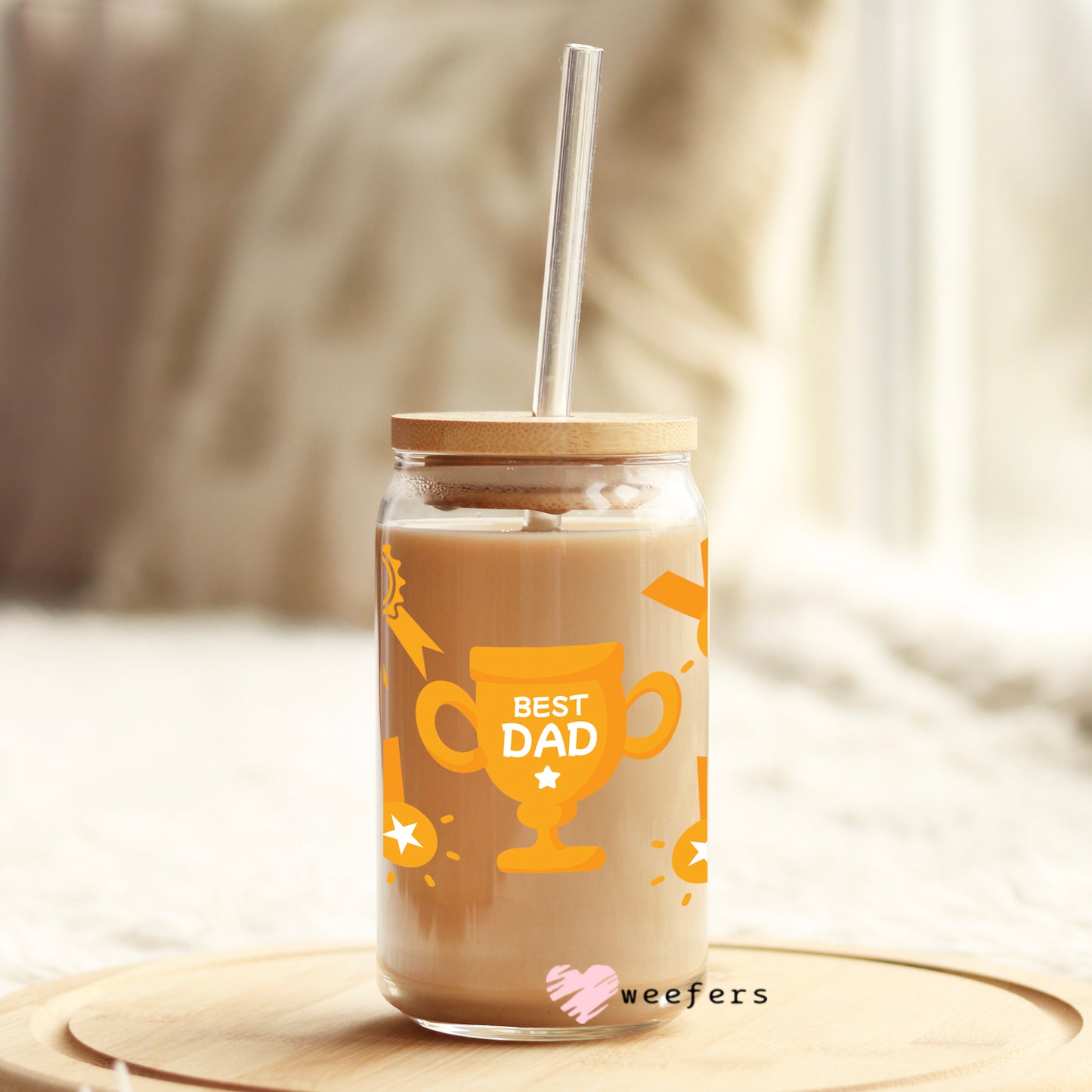 Father's Day Best Dad Trophy 16oz Libbey Glass Can UV DTF or Sublimation Wrap - Decal - Weefers