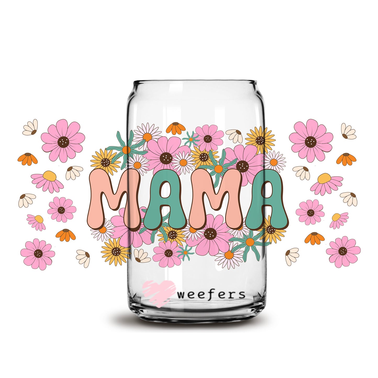 Mama Spring Retro Flowers 16oz Libbey Glass Can UV DTF or Sublimation Wrap - Decal - Weefers