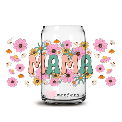 Mama Spring Retro Flowers 16oz Libbey Glass Can UV DTF or Sublimation Wrap - Decal - Weefers