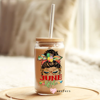 Messy Bun June Girl Birthday Month 16oz Libbey Glass Can UV DTF or Sublimation Wrap - Decal - Weefers