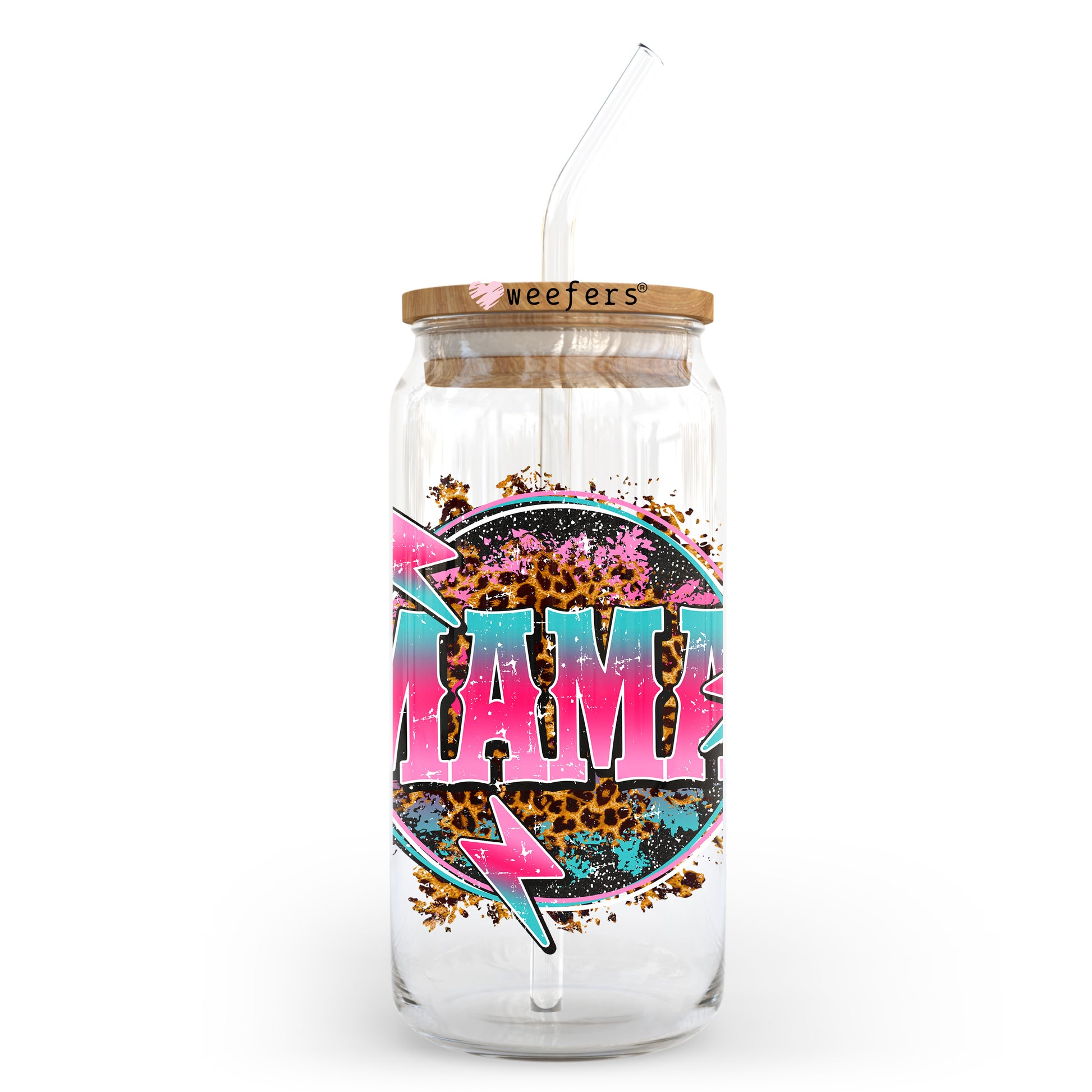 Mama Teal and Pink Lightening Bolt 20oz Libbey Glass Can UV DTF or Sublimation Wrap - Decal Transfer - Weefers