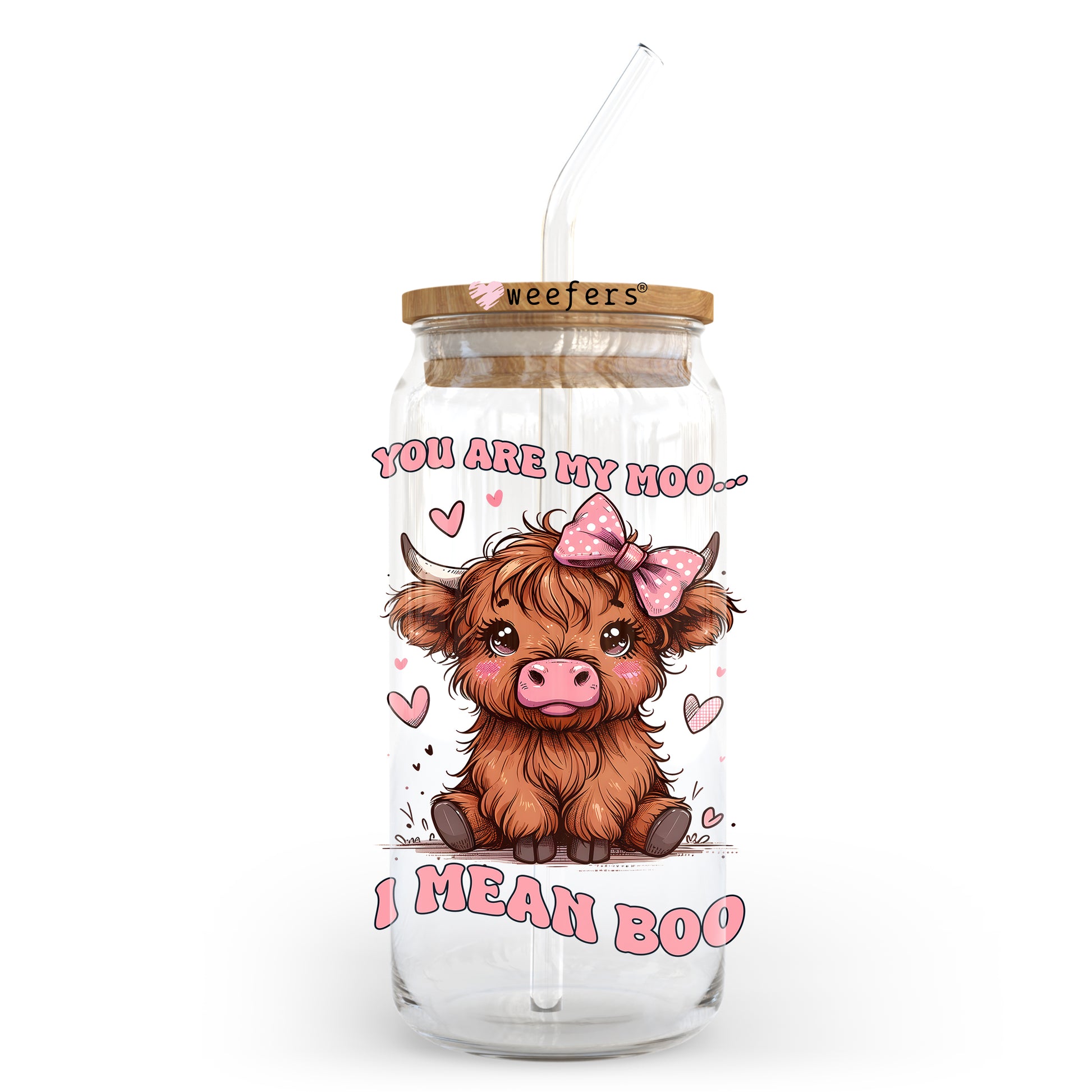 Be My Moo I Mean Boo Highlander Cow Valentine's Day 20oz Libbey Glass Can UV DTF or Sublimation Wrap - Decal - Weefers