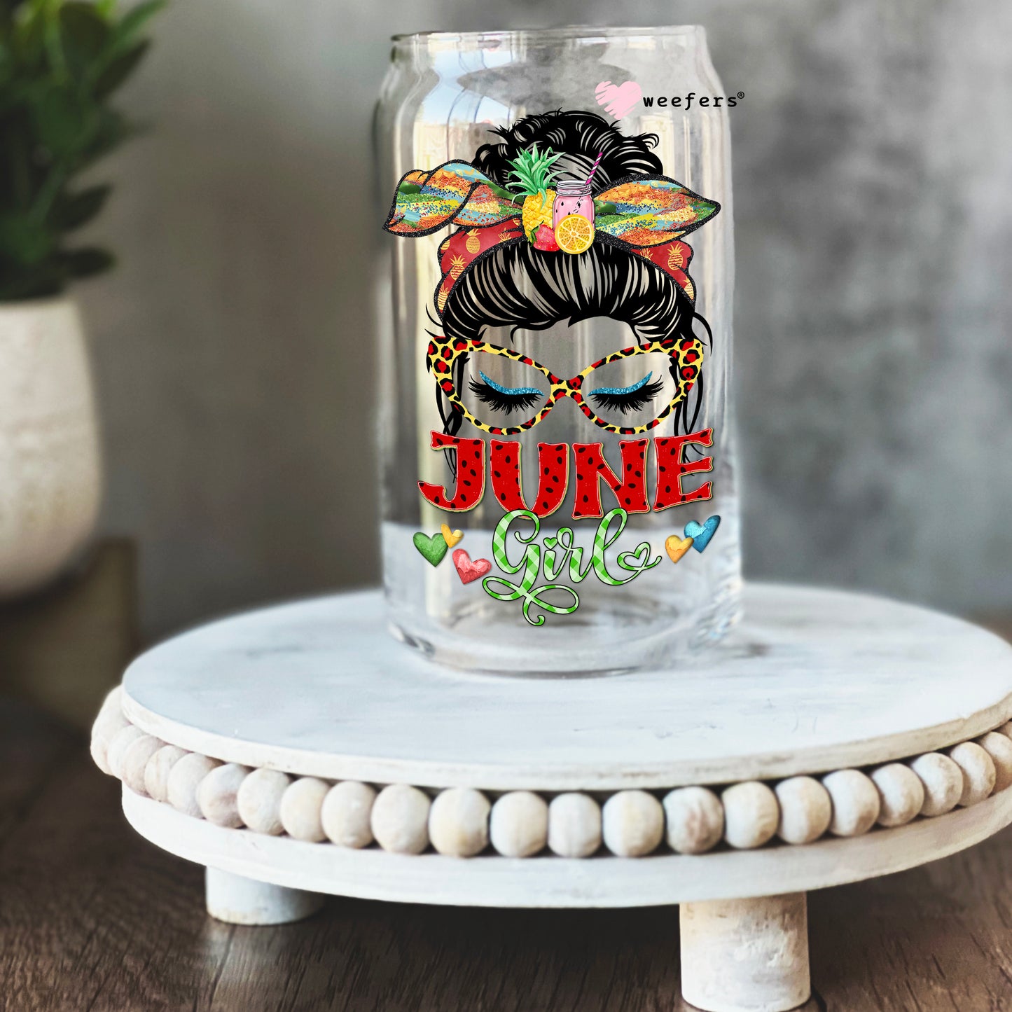 Messy Bun June Girl Birthday Month 16oz Libbey Glass Can UV DTF or Sublimation Wrap - Decal - Weefers