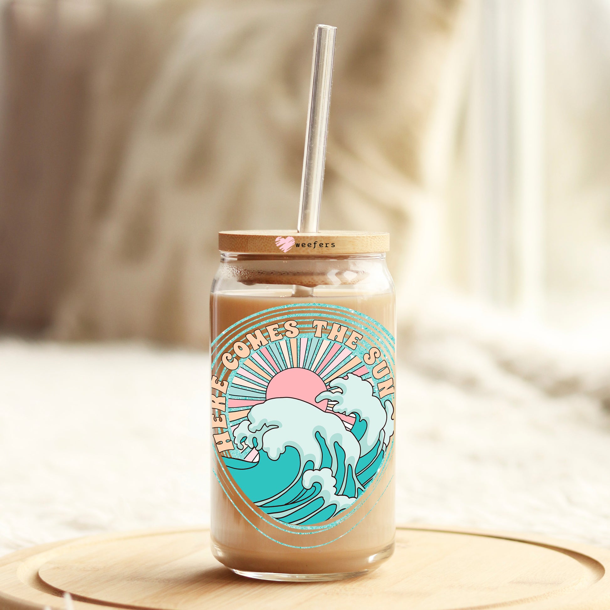 Here Comes the Sun 16oz Libbey Glass Can UV DTF or Sublimation Cup Wrap - Decal Transfer Weefers