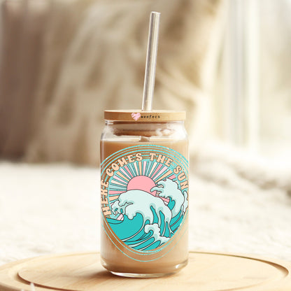 Here Comes the Sun 16oz Libbey Glass Can UV DTF or Sublimation Cup Wrap - Decal Transfer Weefers