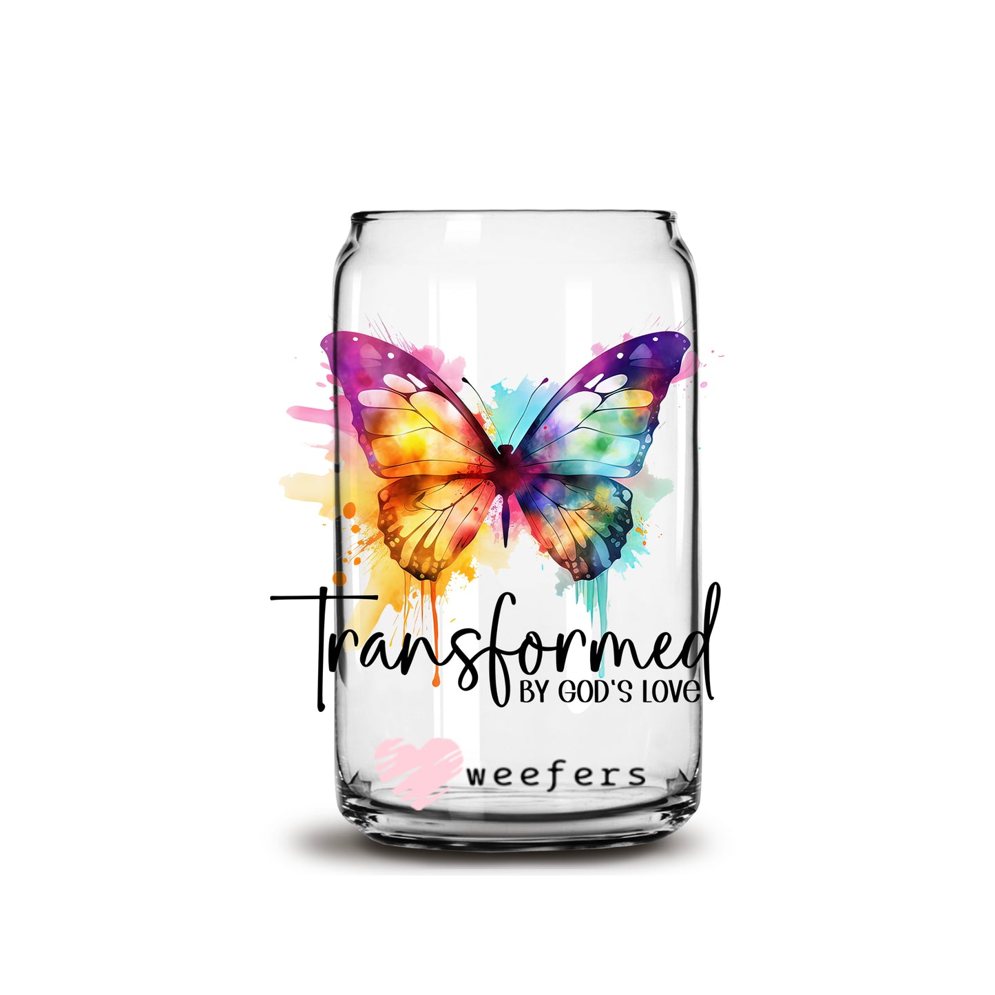 Transformed by Gods Love Christian 16oz Libbey Glass Can UV DTF or Sublimation Wrap - Decal - Weefers