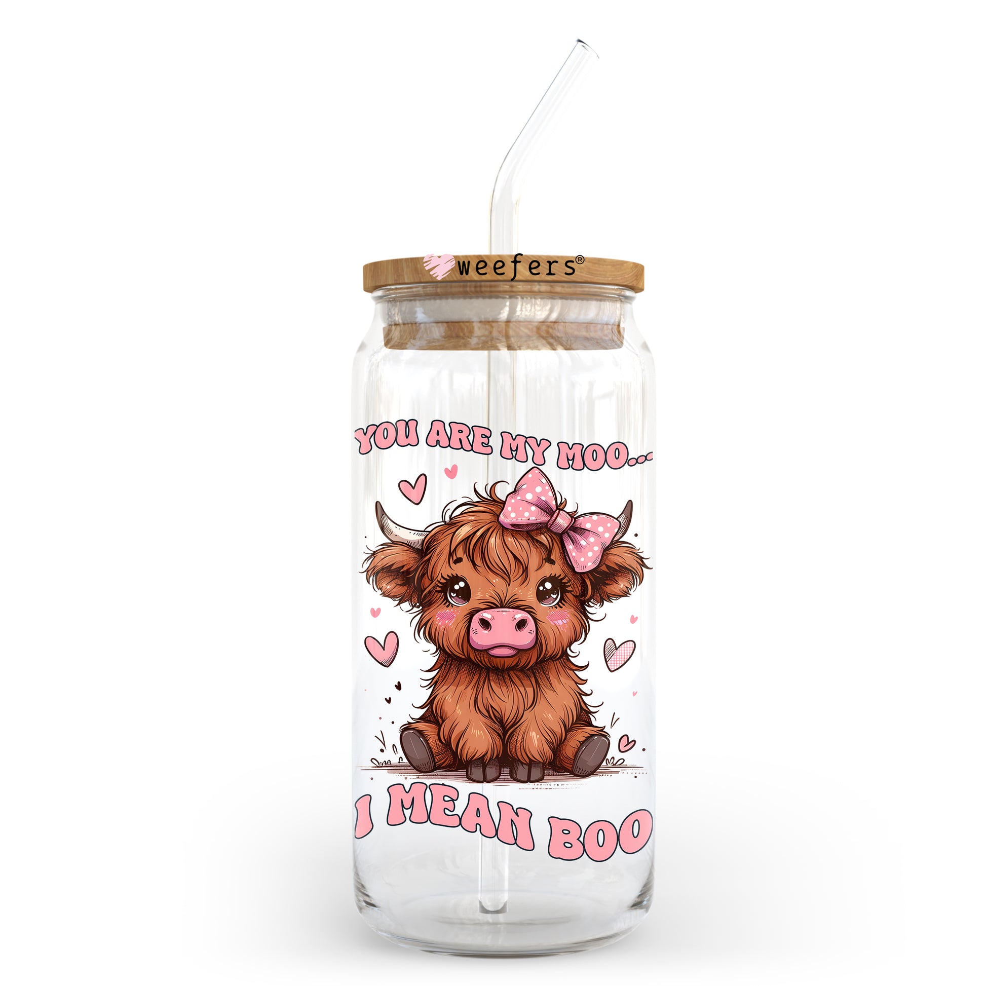 Be My Moo I Mean Boo Highlander Cow Valentine's Day 20oz Libbey Glass Can UV DTF or Sublimation Wrap - Decal - Weefers