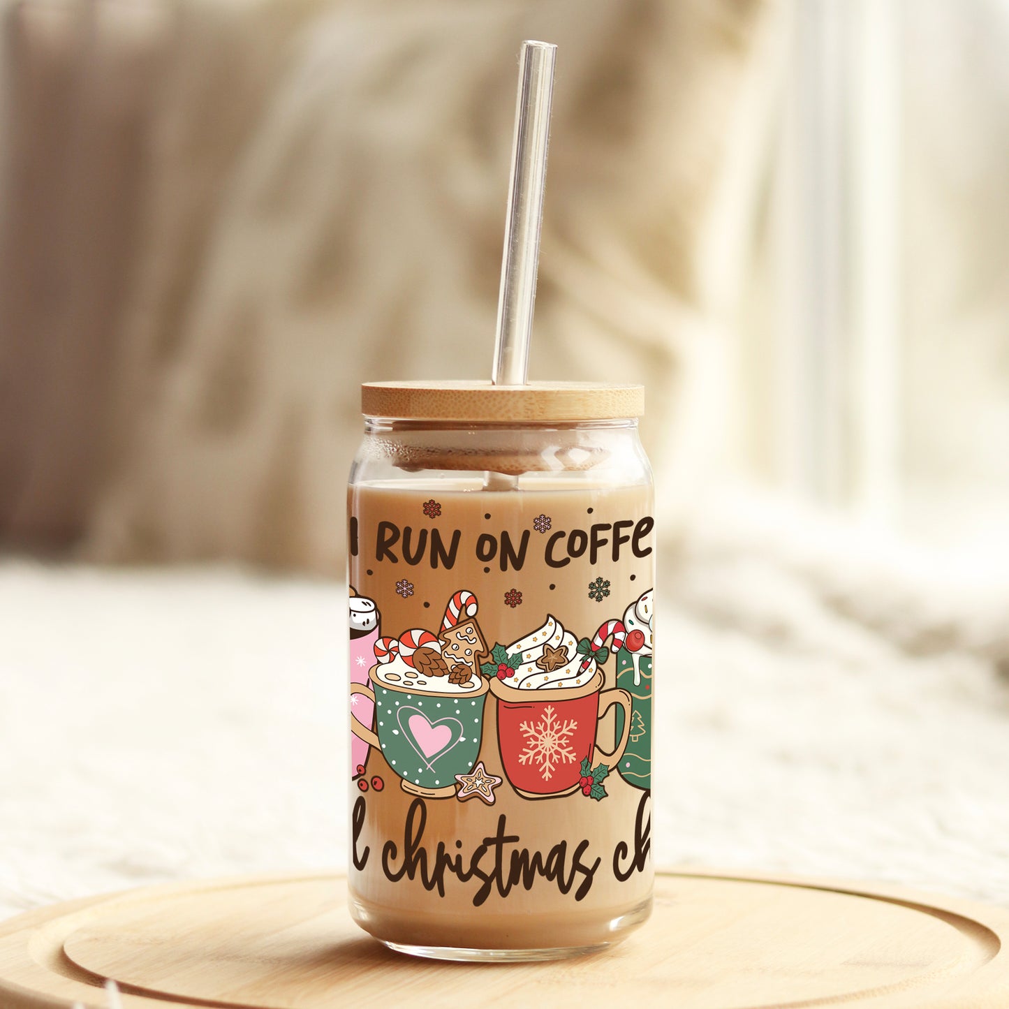 I run on Coffee and Christmas Cheer 16oz Libbey Glass Can UV DTF or Sublimation Cup Wrap - Decal Transfer - Weefers