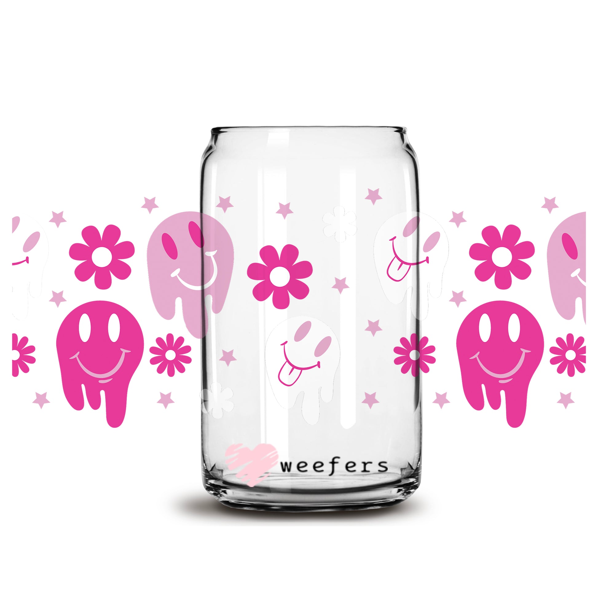 Pink Melting Smile Face 16oz Libbey Glass Can UV DTF or Sublimation Wrap - Decal - Weefers