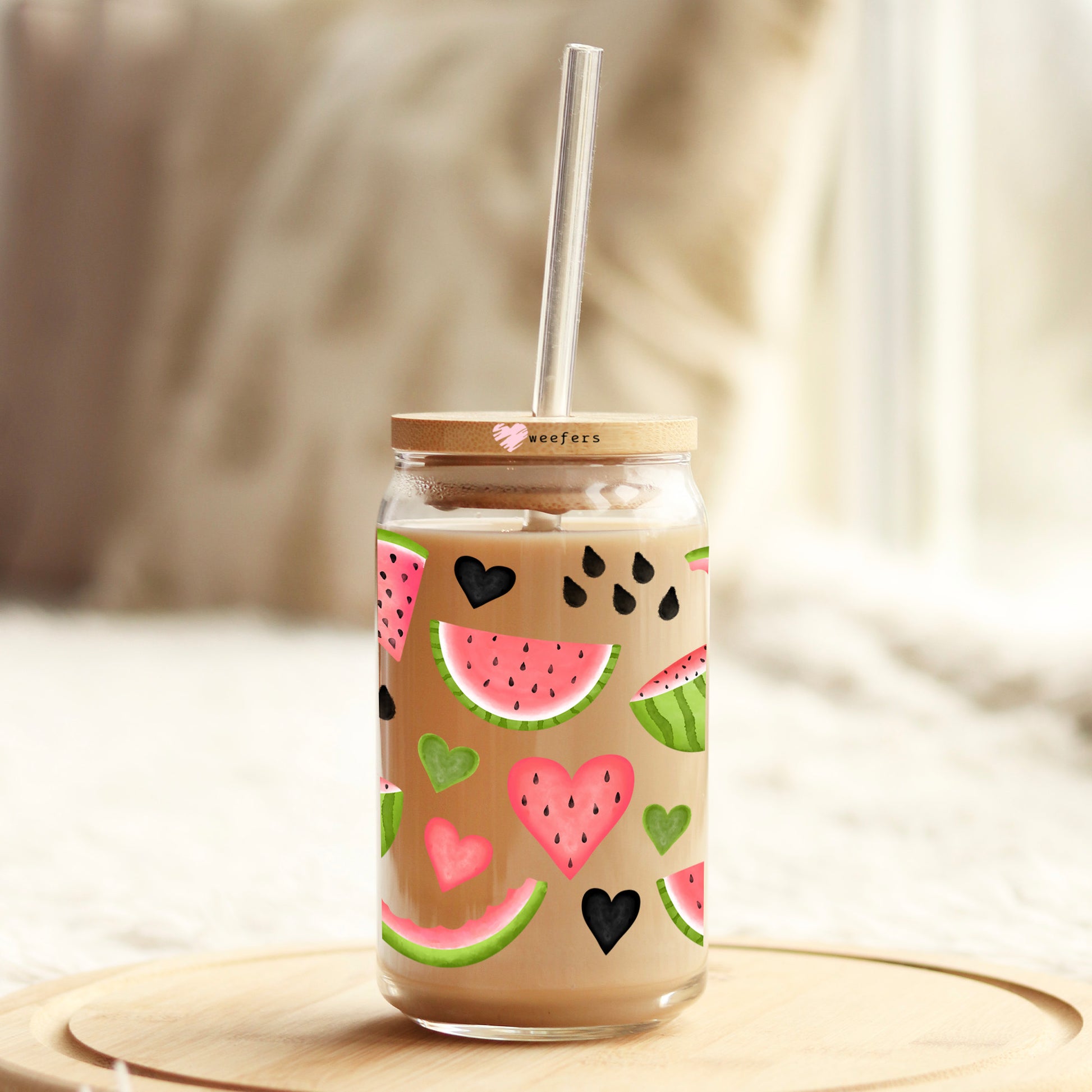 Watermelon Hearts 16oz Libbey Glass Can UV DTF or Sublimation Cup Wrap - Decal Transfer - Weefers