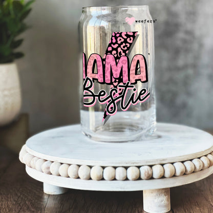 Pink Mama's Bestie Lightening Bolt 16oz Libbey Glass Can UV DTF or Sublimation Cup Wrap - Decal Transfer - Weefers