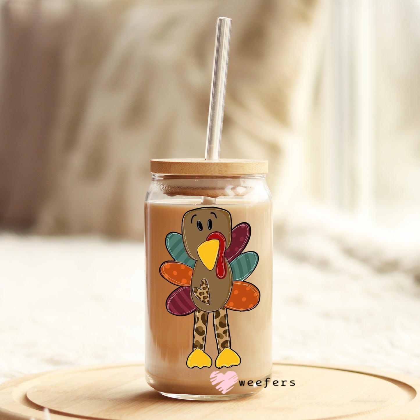 Cute Turkey 16oz Libbey Glass Can UV DTF or Sublimation Wrap - Decal - Weefers