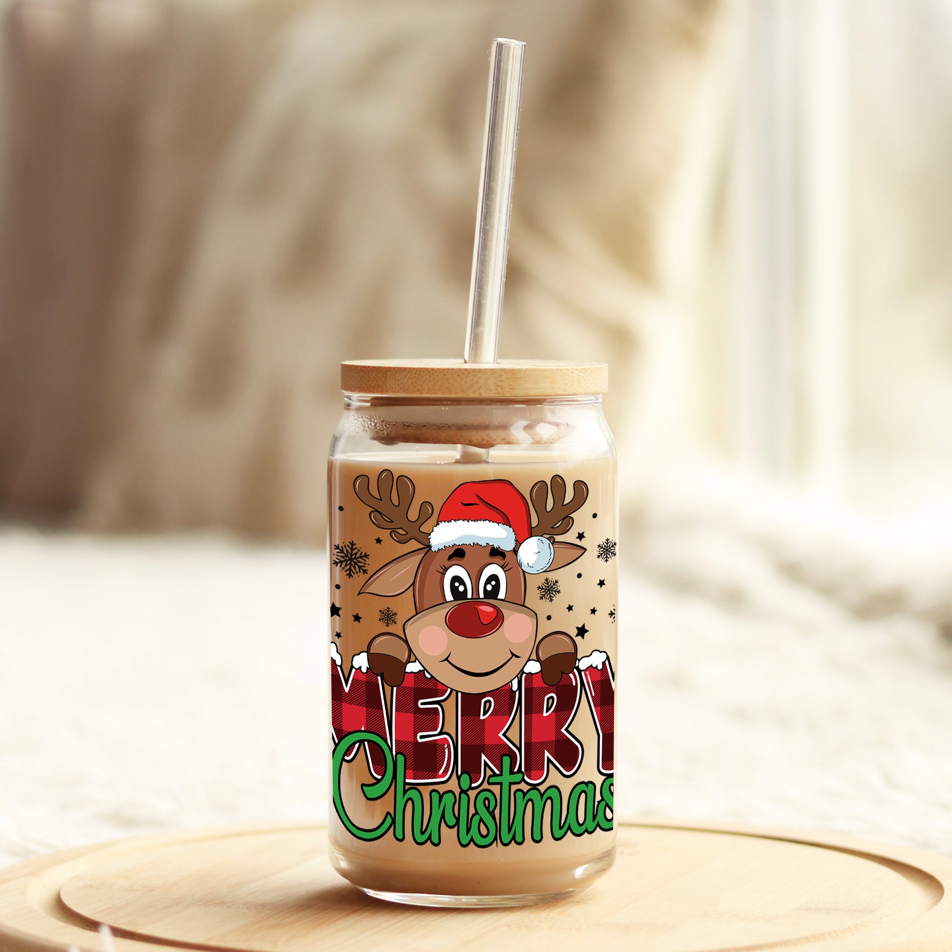 Merry Christmas Reindeer 16oz Libbey Glass Can UV DTF or Sublimation Cup Wrap - Decal Transfer - Weefers