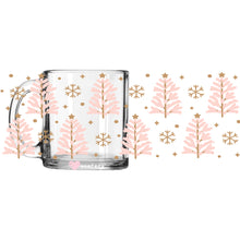 Load image into Gallery viewer, a clear glass mug with gold snowflakes on it
