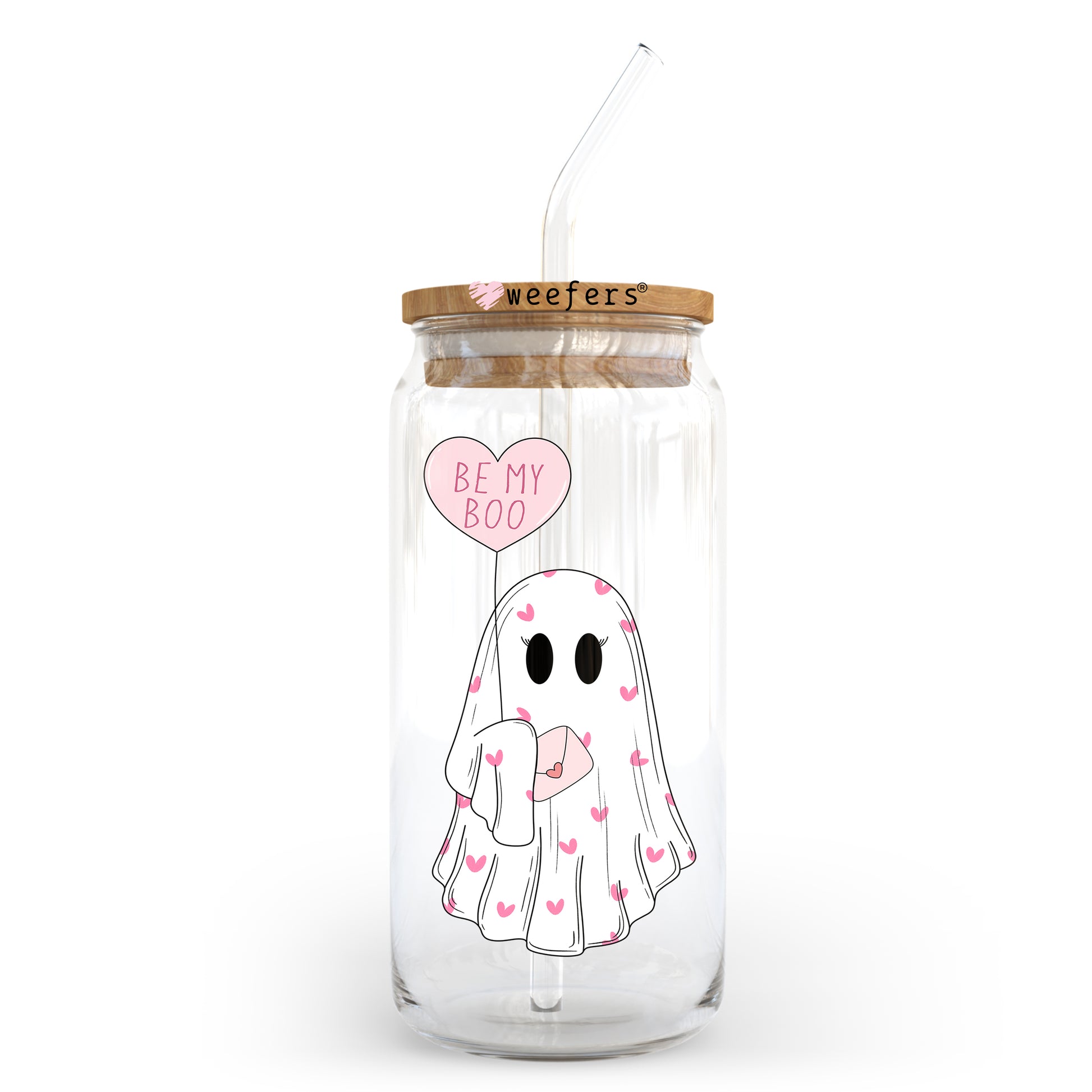 Be My Boo Pink and White Ghost Valentine's Day 20oz Libbey Glass Can UV DTF or Sublimation Wrap - Decal Transfer - Weefers