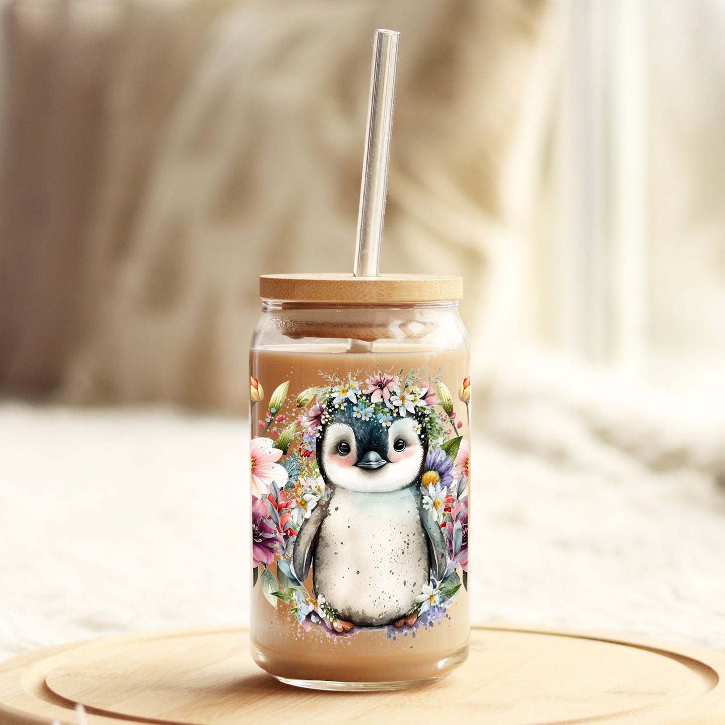 Floral Penguin  16oz Libbey Glass Can UV DTF or Sublimation Cup Wrap - Decal Transfer - Weefers