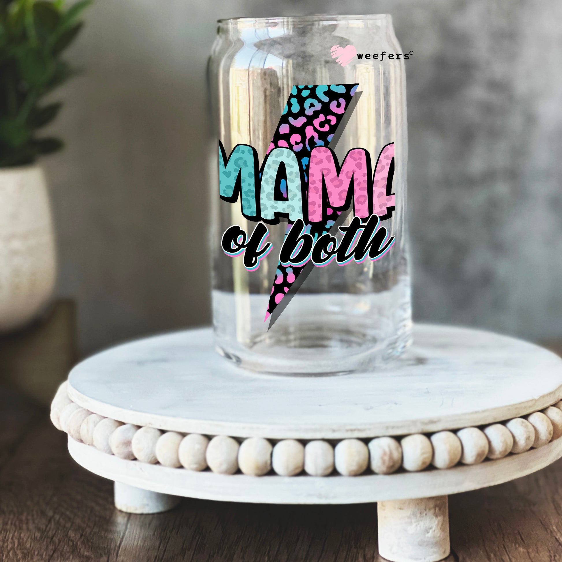 Pink Blue Mama of Both Lightening Bolt 16oz Libbey Glass Can UV DTF or Sublimation Cup Wrap - Decal Transfer - Weefers