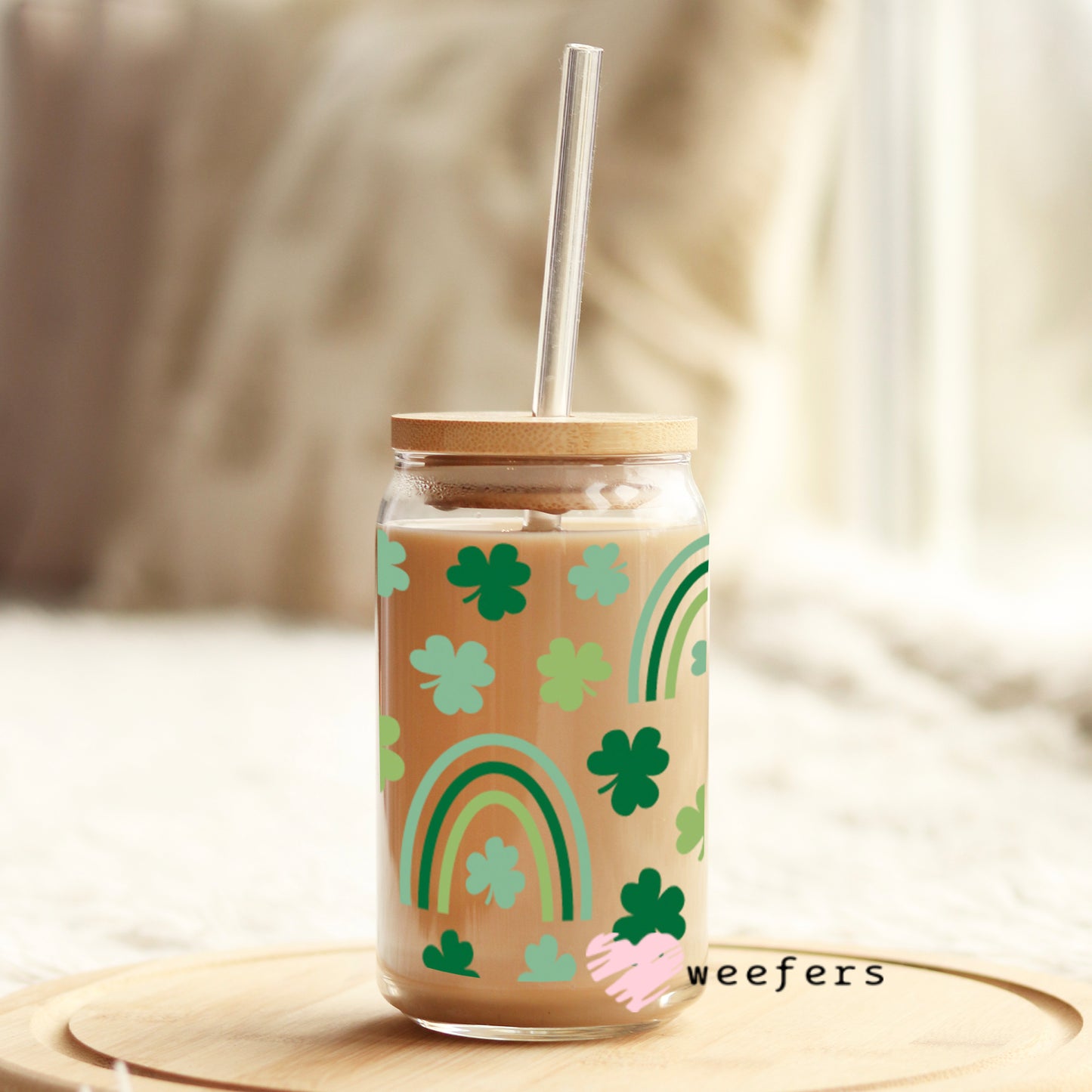 St Patrick's Day - Boho Rainbow Shamrocks Libbey Glass Can Wrap UV DTF Sublimation Transfers - Weefers