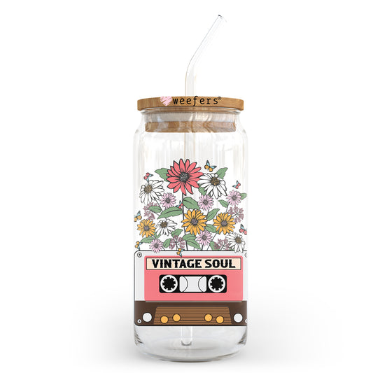 Vintage Soul Cassette Flowers 20oz Libbey Glass Can UV DTF or Sublimation Wrap - Decal Transfer Weefers