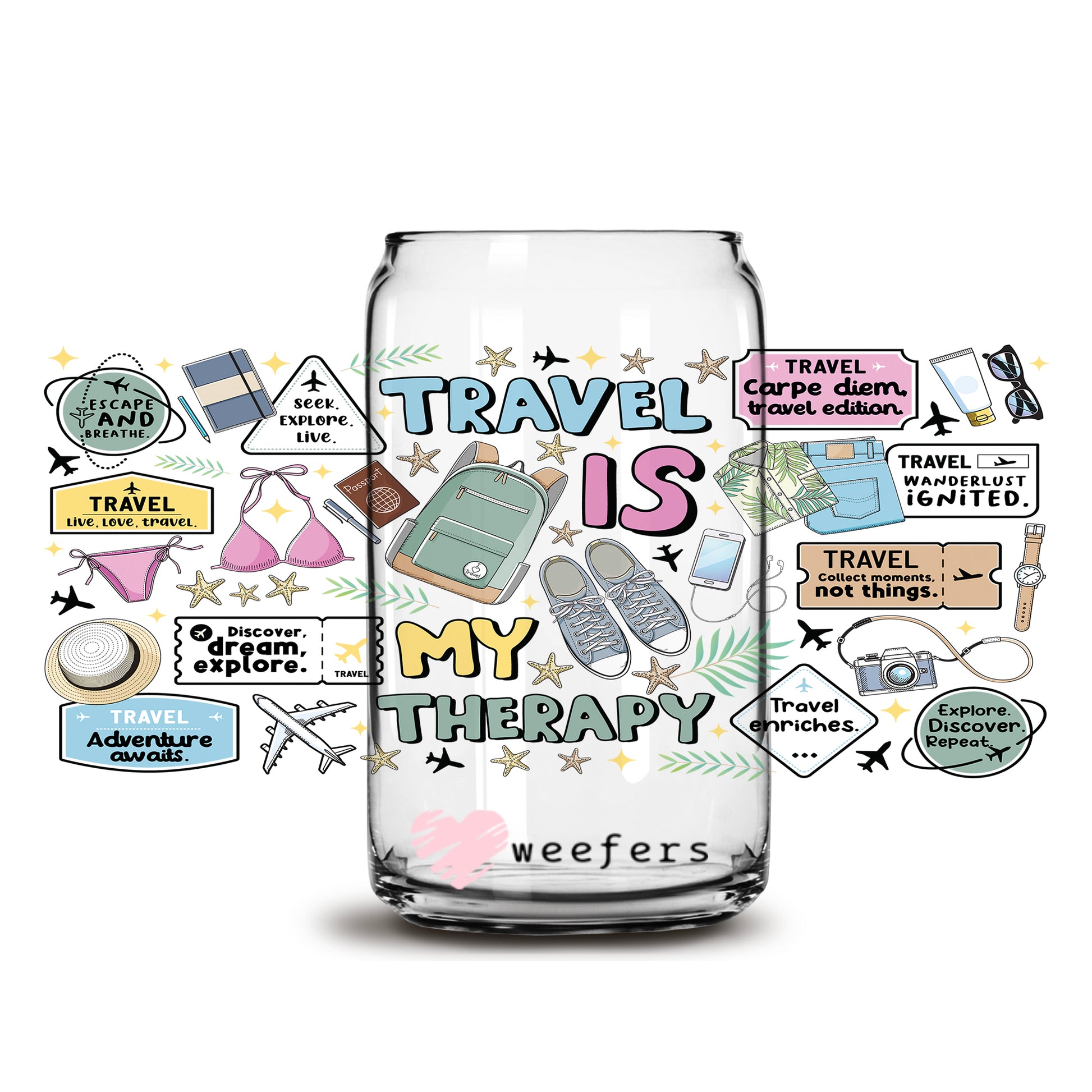 Travel is my Therapy 16oz Libbey Glass Can UV DTF or Sublimation Cup Wrap - Decal Transfer - Weefers