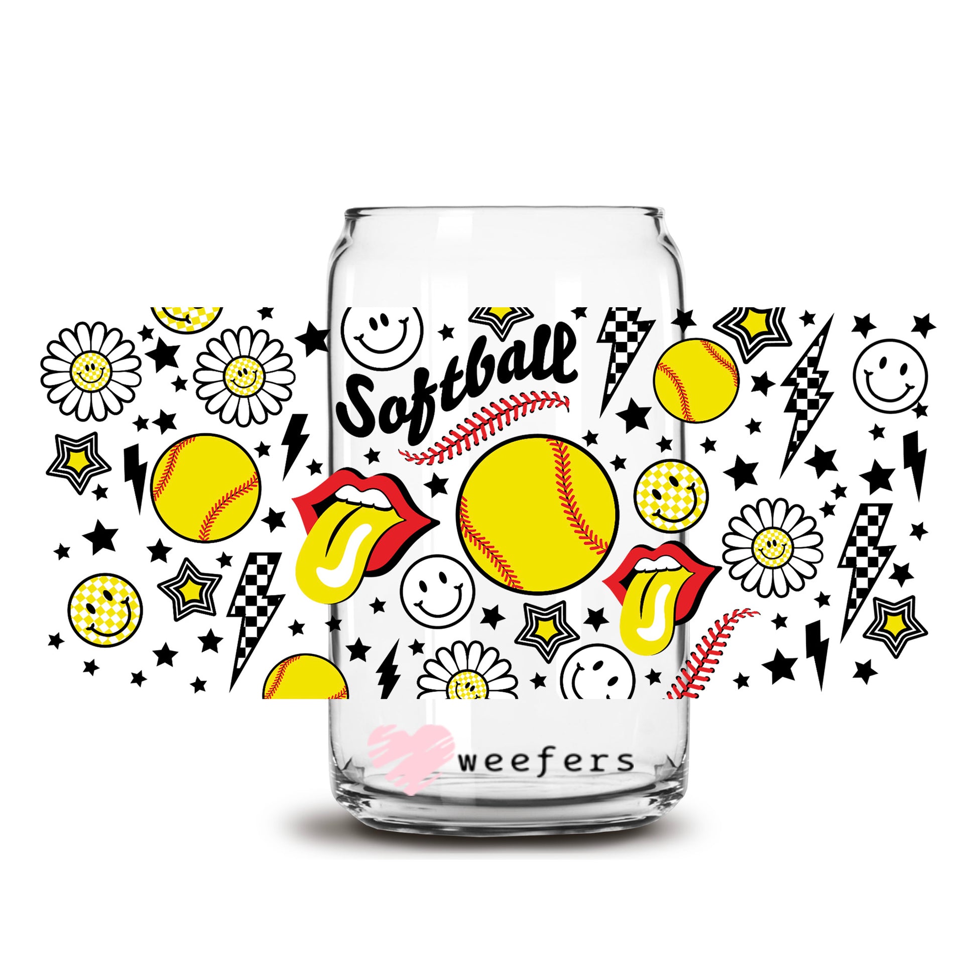 Softball Lightening Bolt 16oz Libbey Glass Can UV DTF or Sublimation Cup Wrap - Decal Transfer - Weefers