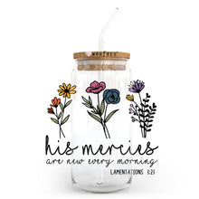 Load image into Gallery viewer, a mason jar with flowers and the words, his meries are new every morning
