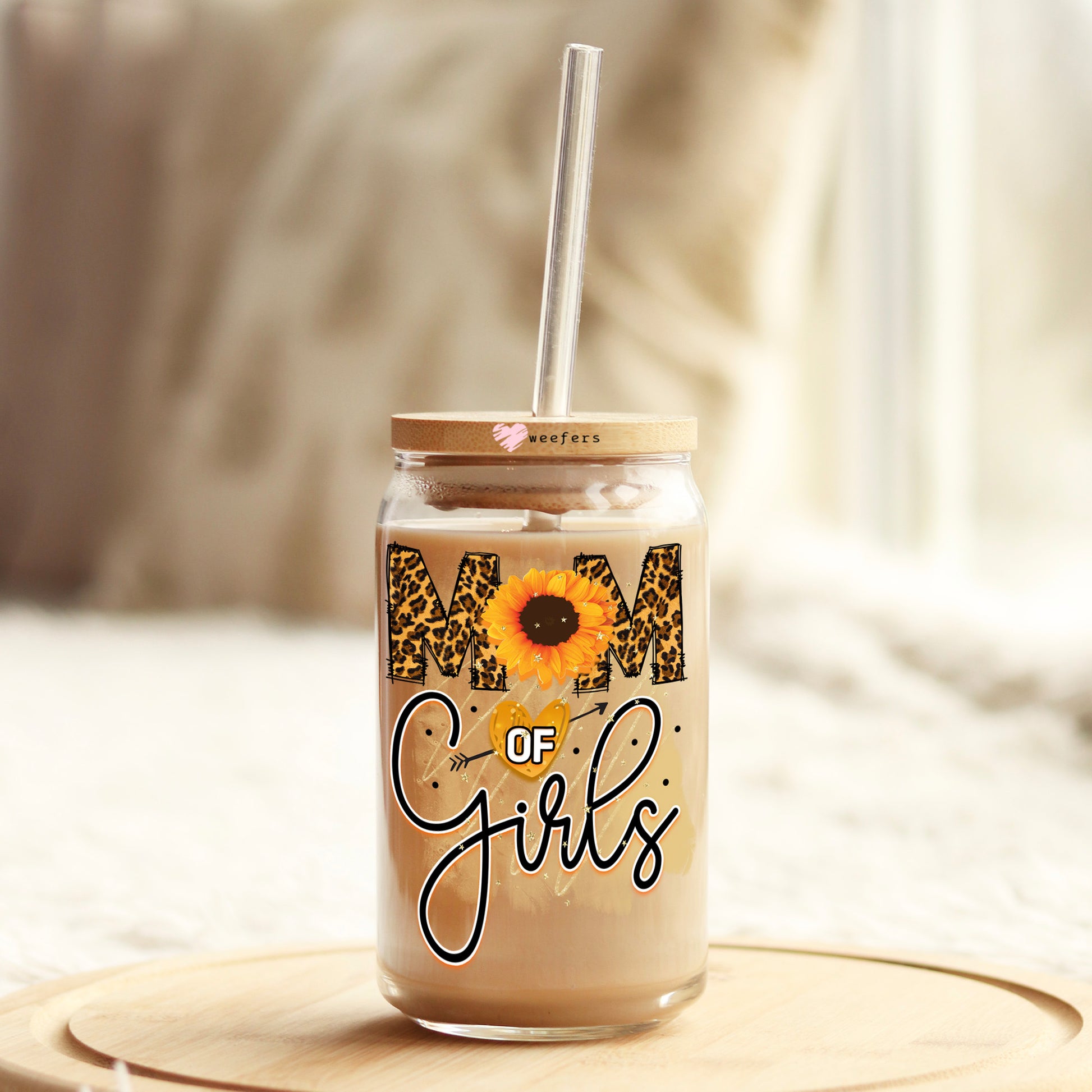 Mom of Girls Cheetah Sunflower 16oz Libbey Glass Can UV DTF or Sublimation Wrap - Decal - Weefers