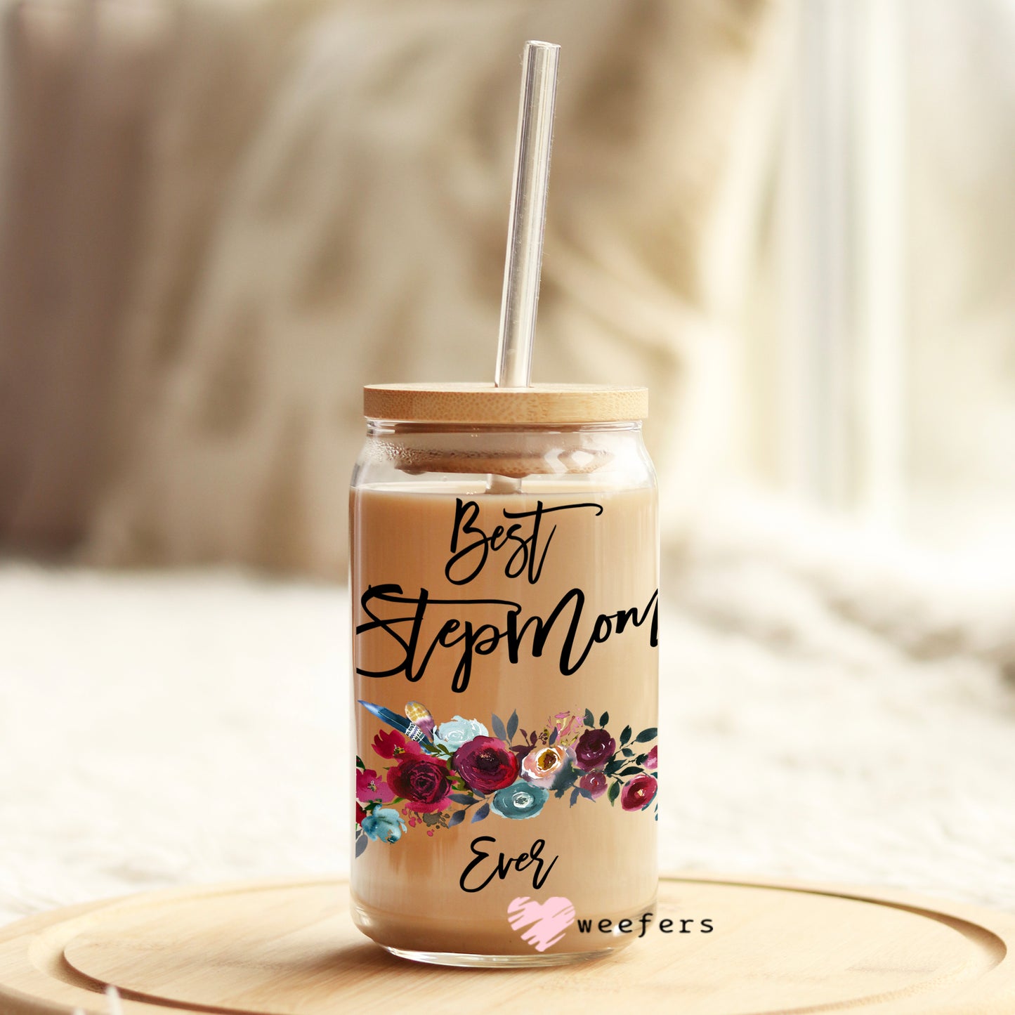 Best Stepmom Ever Burgundy Floral 16oz Libbey Glass Can UV DTF or Sublimation Wrap - Decal - Weefers