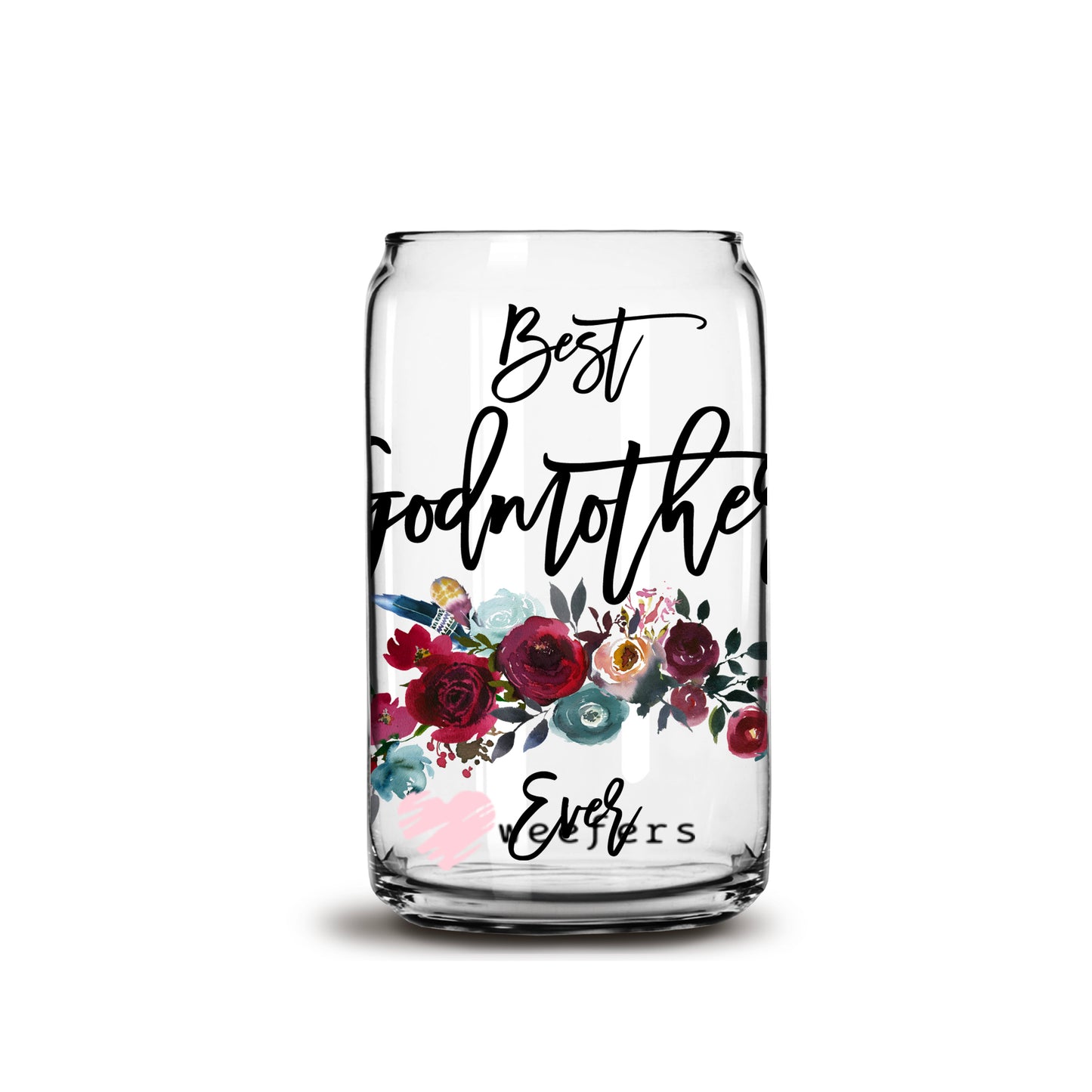 Best Godmother Ever Burgundy Floral 16oz Libbey Glass Can UV DTF or Sublimation Wrap - Decal - Weefers