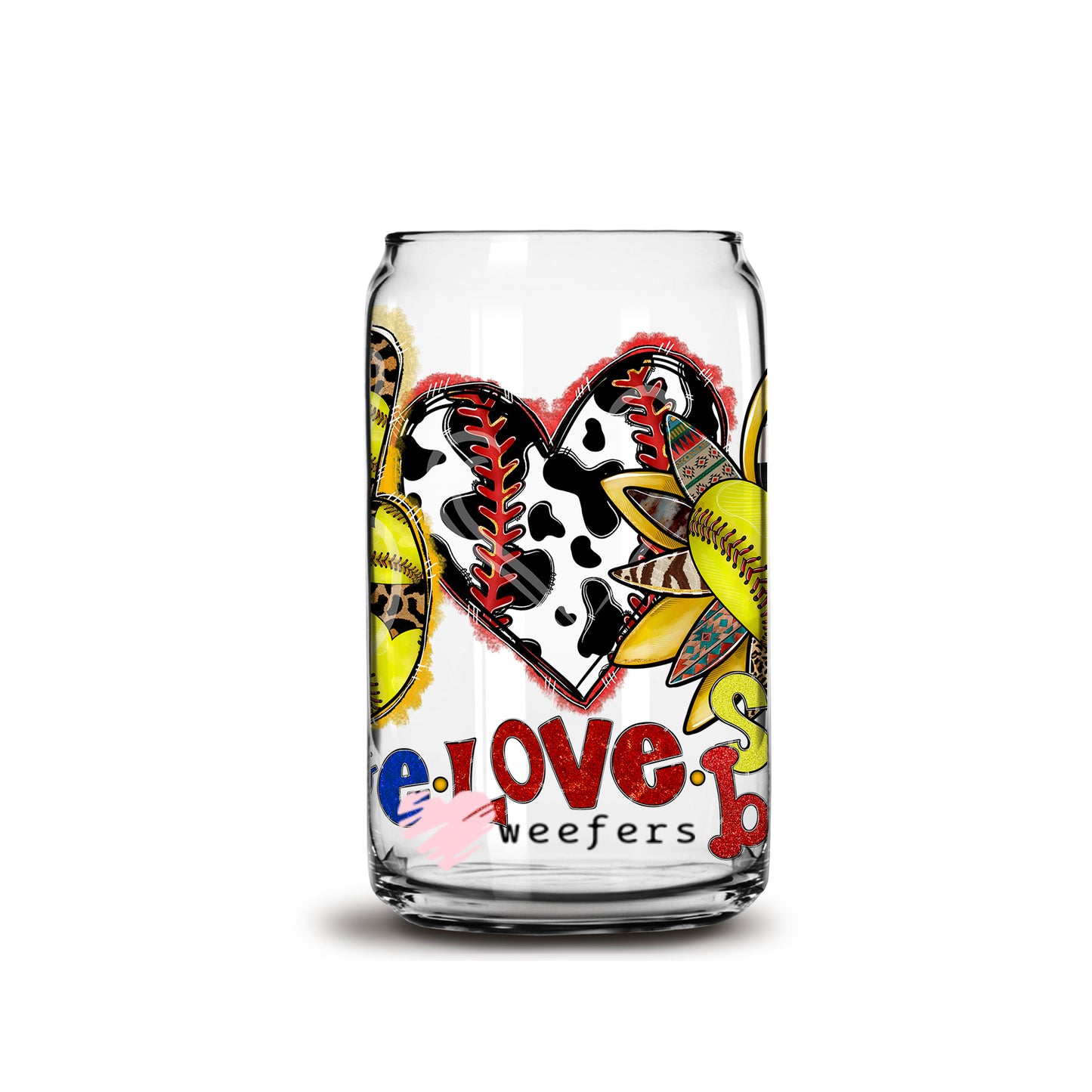 Peace Love Softball 16oz Libbey Glass Can UV DTF or Sublimation Wrap - Decal - Weefers