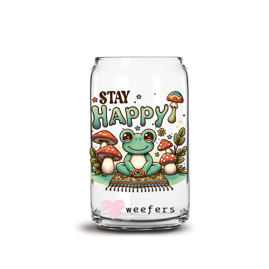 Stay Happy Frog 16oz Libbey Glass Can UV DTF or Sublimation Cup Wrap - Decal Transfer Weefers