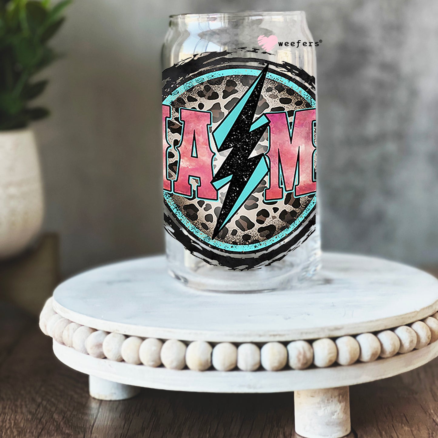 Mama Lightening Cheetah 16oz Libbey Glass Can UV DTF or Sublimation Wrap - Decal - Weefers