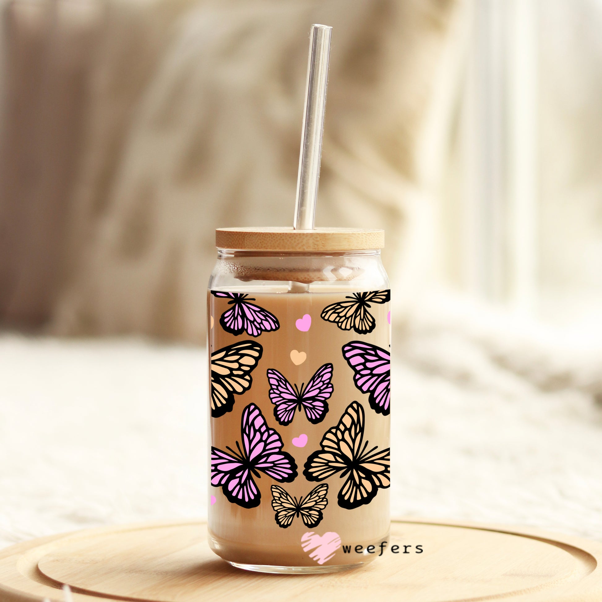 Pink and Yellow Butterflies 16oz Libbey Glass Can UV DTF or Sublimation Wrap - Decal - Weefers